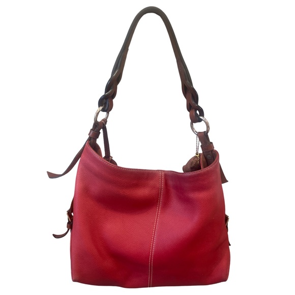 Dooney & Bourke Red Pebbled Leather Hobo with Braided Handle & Diagonal Zips Y2K - Picture 2 of 12